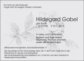 Traueranzeige von Hildegard Gabel von vrm-trauer