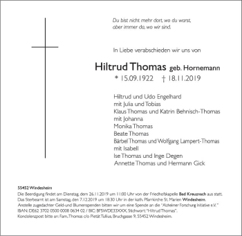 Traueranzeige von Hiltrud Thomas von vrm-trauer