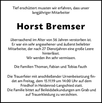 Traueranzeige von Horst Bremser von vrm-trauer