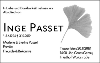 Traueranzeige von Inge Passet von vrm-trauer