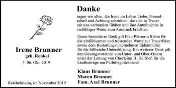 Traueranzeige von Irene Brunner von vrm-trauer