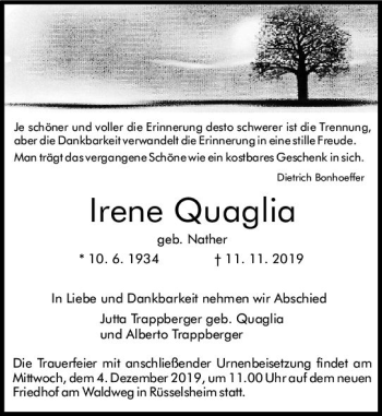 Traueranzeige von Irene Quaglia von vrm-trauer