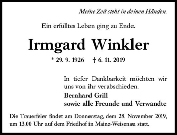 Traueranzeige von Irmgard Winkler von vrm-trauer