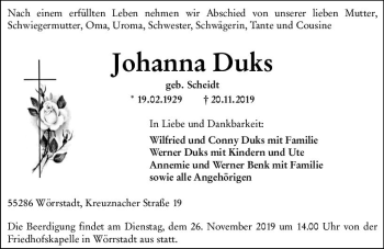 Traueranzeige von Johanna Duks von vrm-trauer