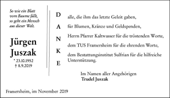 Traueranzeige von Jürgen Juszak von vrm-trauer