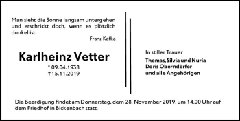 Traueranzeige von Karlheinz Vetter von vrm-trauer
