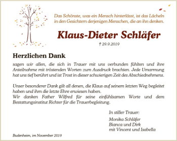 Traueranzeige von Klaus-Dieter Schläfer von vrm-trauer
