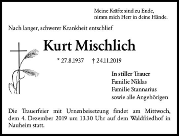 Traueranzeige von Kurt Mischlich von vrm-trauer