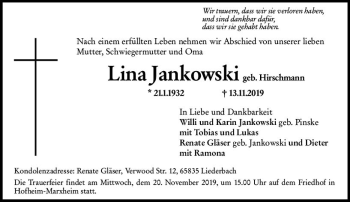 Traueranzeige von Lina Jankowski von vrm-trauer