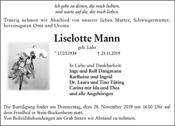Traueranzeige von Liselotte Mann von vrm-trauer