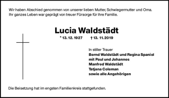 Traueranzeige von Lucia Waldstädt von vrm-trauer