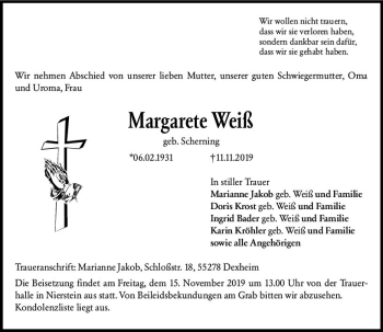 Traueranzeige von Margarete Weiß von vrm-trauer