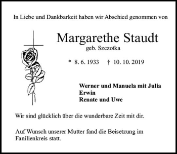 Traueranzeige von Margarethe Staudt von vrm-trauer