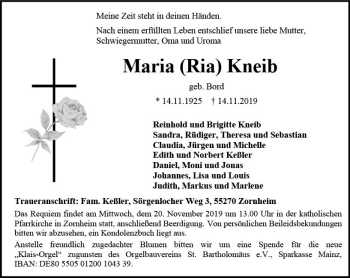 Traueranzeige von Maria Ria Kneib von vrm-trauer