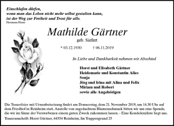 Traueranzeige von Mathilde Gärtner von vrm-trauer