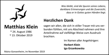 Traueranzeige von Matthias Klein von vrm-trauer