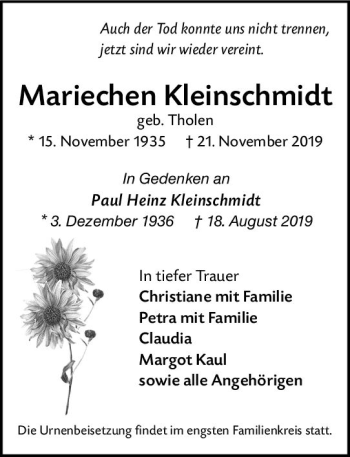 Traueranzeige von Paul Heinz Kleinschmidt von vrm-trauer