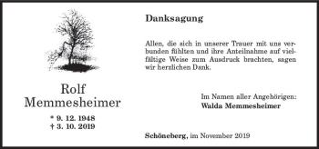 Traueranzeige von Rolf Memmesheimer von vrm-trauer