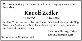 Traueranzeige von Rudolf Zedier von vrm-trauer