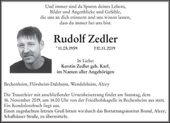 Traueranzeige von Rudolf Zedler von vrm-trauer