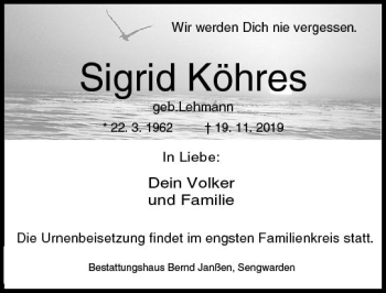 Traueranzeige von Sigrid Köhres von vrm-trauer
