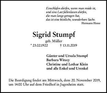 Traueranzeige von Sigrid Stumpf von vrm-trauer