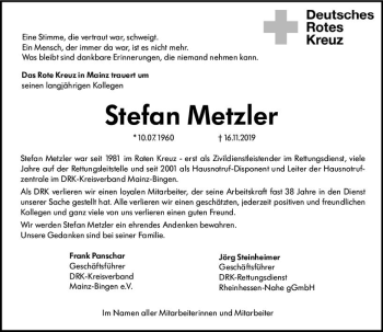 Traueranzeige von Stefan Metzler von vrm-trauer