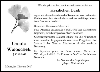 Traueranzeige von Ursula Waloschek von vrm-trauer