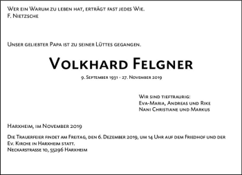 Traueranzeige von Volkhard Felgner von vrm-trauer