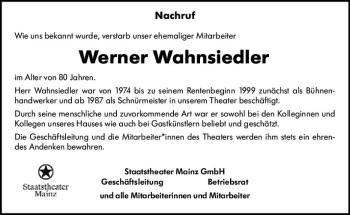 Traueranzeige von Werner Wahnsiedler von vrm-trauer