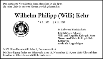 Traueranzeige von Wilhelm Philipp Kehr von vrm-trauer