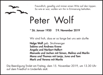 Traueranzeige von Peter Wolf von Bergsträßer Anzeiger