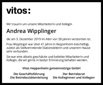 Traueranzeige von Andrea Wipplinger von vrm-trauer