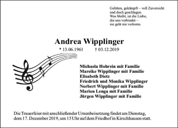 Traueranzeige von Andrea Wipplinger von vrm-trauer