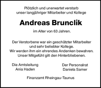 Traueranzeige von Andreas Brunclik von vrm-trauer