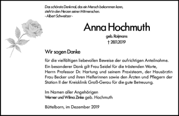 Traueranzeige von Anna Hochmuth von vrm-trauer
