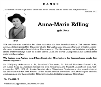 Traueranzeige von Anna-Marie Edling von vrm-trauer