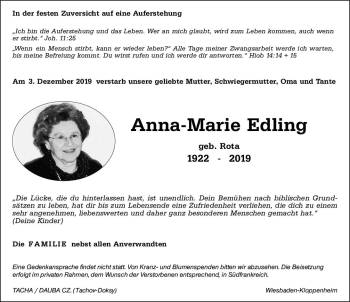 Traueranzeige von Anna-Marie Edling von vrm-trauer