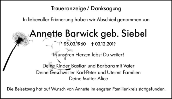 Traueranzeige von Annette Barwick von vrm-trauer