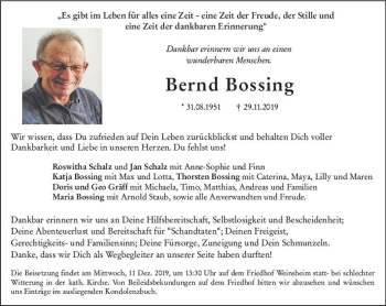 Traueranzeige von Bernd Bossing von vrm-trauer