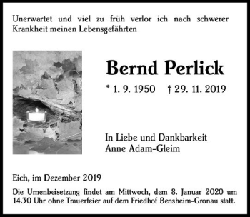 Traueranzeige von Bernd Perlick von vrm-trauer