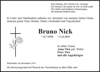 Traueranzeige von Bruno Nick von vrm-trauer
