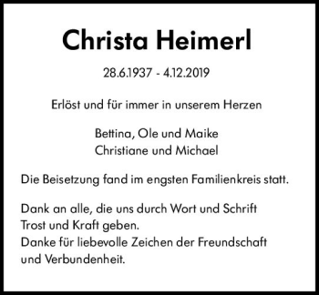 Traueranzeige von Christa Heimerl von vrm-trauer