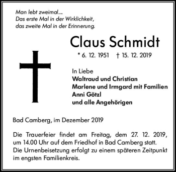 Traueranzeige von Claus Schmidt von  Camberger Anzeiger