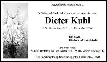 Traueranzeige von Dieter Kuhl von vrm-trauer