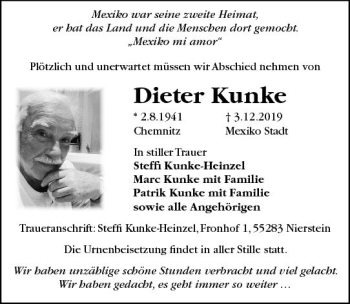 Traueranzeige von Dieter Kunke von vrm-trauer