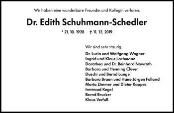 Traueranzeige von Edith Schuhmann-Schedler von vrm-trauer