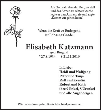 Traueranzeige von Elisabeth Katzmann von vrm-trauer