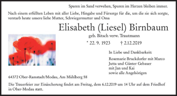 Traueranzeige von Elisabeth Liesel Birnbaum von vrm-trauer