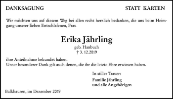 Traueranzeige von Erika Jährling von vrm-trauer
